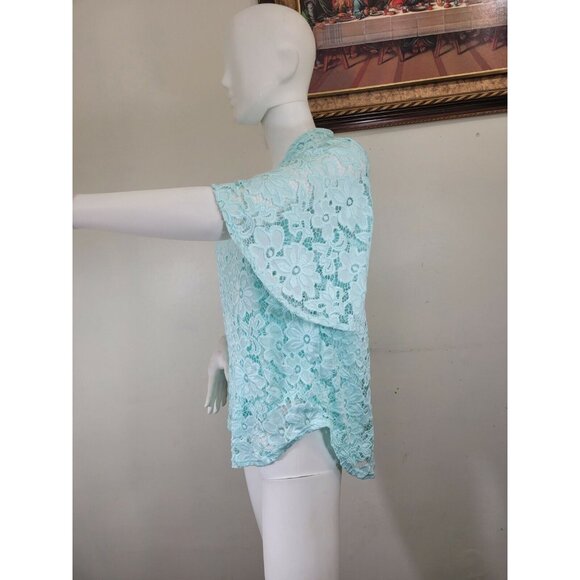 Investments Women's Top Blouse Size S P Petite Nylon Blend Lace V-Neck Aqua (33) - Picture 3 of 11